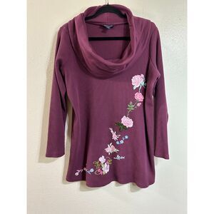 Roaman's Woman's Cowl Neck Waffle Knit Top with Floral Applique's, Size 14/16
